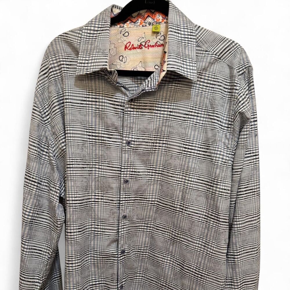 Robert Graham Men's Black White Blue Plaid Unique Button Down Shirt Sz 2XL